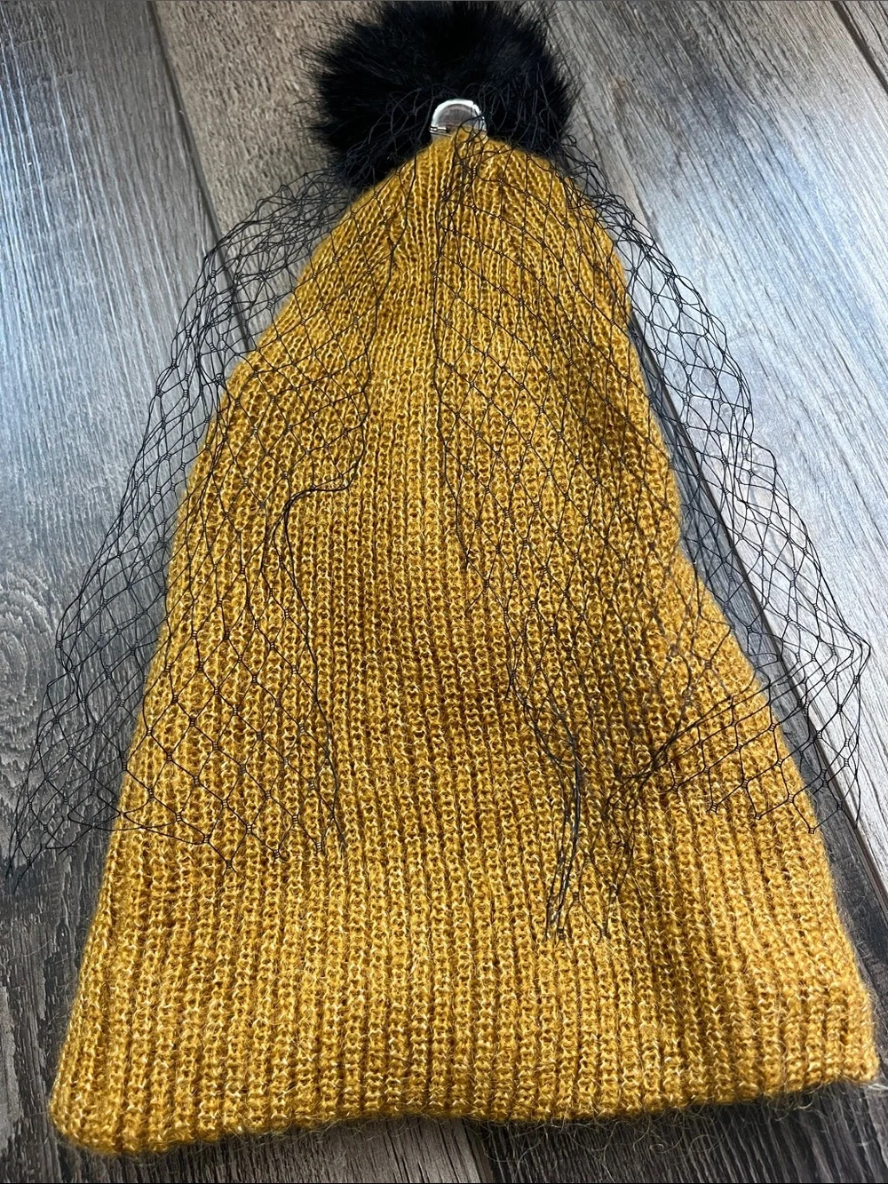 Veiled Knit Beanie in Mustard Yellow with Black Faux Fur Pom